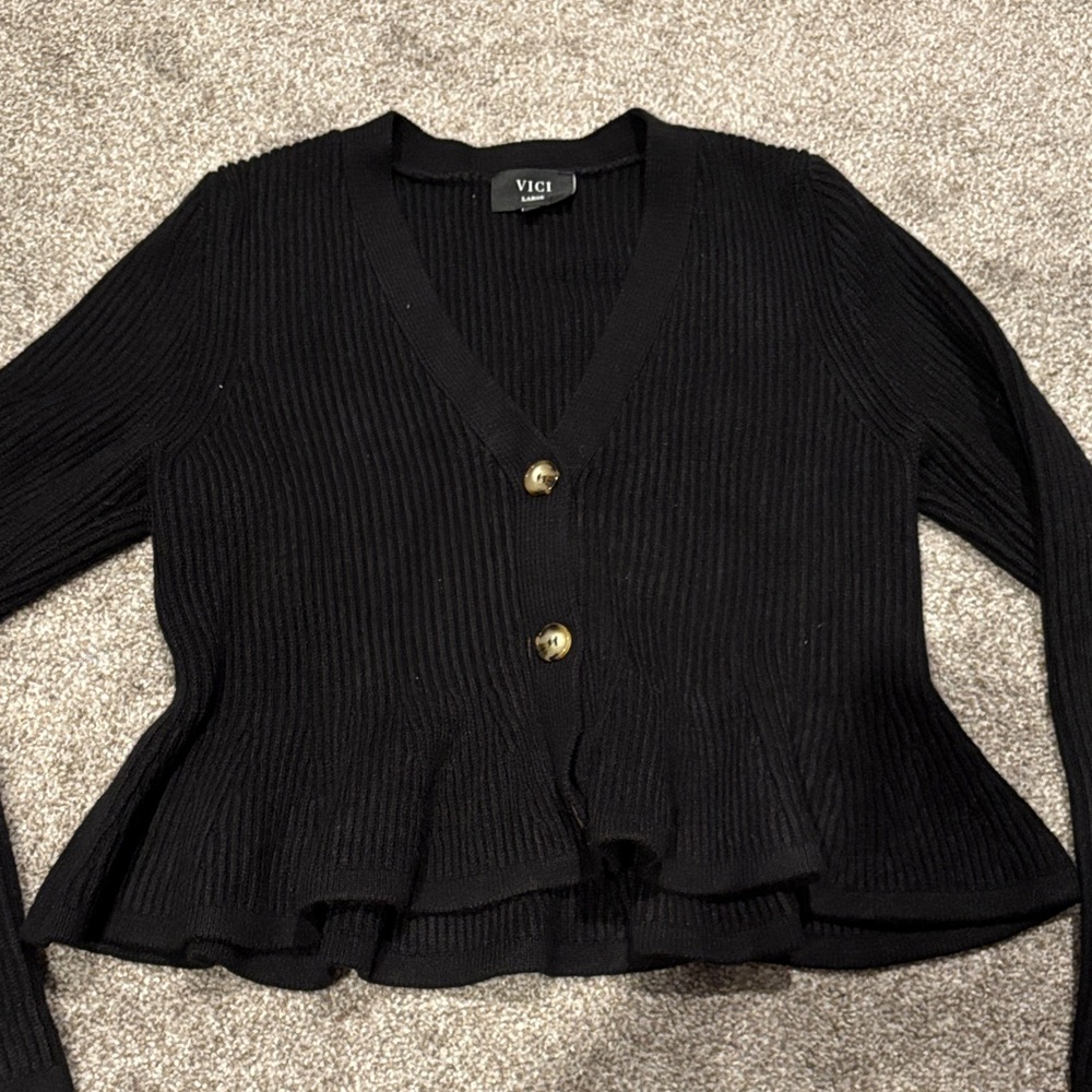 Vici Black Ribbed Peplum Button Cardigan with Gold Buttons